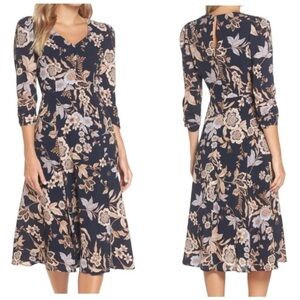 ELIZA J NAVY BLUE FLORAL PRINT 3/4 SLEEVE CREPE FIT & FLARE MIDI DRESS Size 6